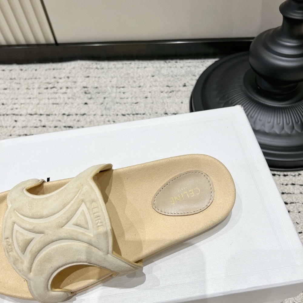 Celine Cream Suede Slide Sandals with Signature Cutout - Picture 8 of 9